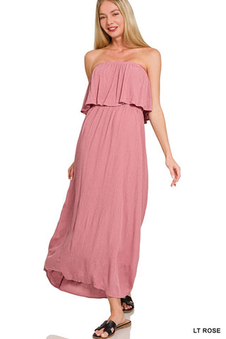 Woven Crinkle Strapless Maxi Dress