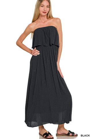 Woven Crinkle Strapless Maxi Dress