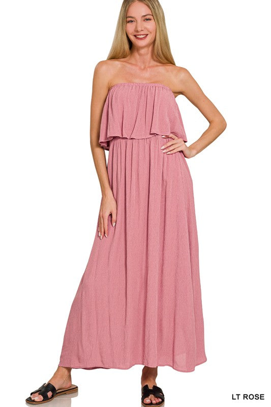 Woven Crinkle Strapless Maxi Dress
