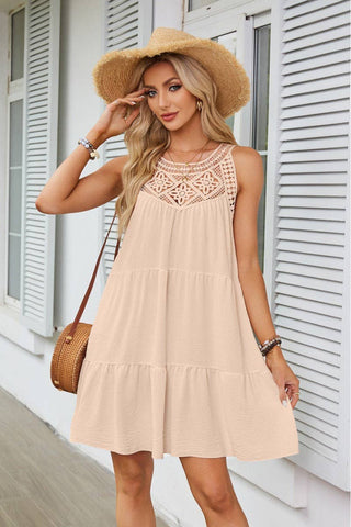 Halter Neck Lace Trim Tiered Dress