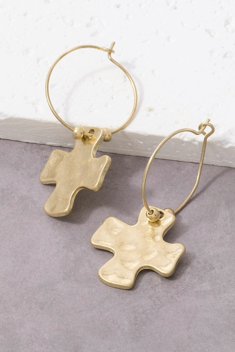 Hammered Cross Charm Hoop Earrings