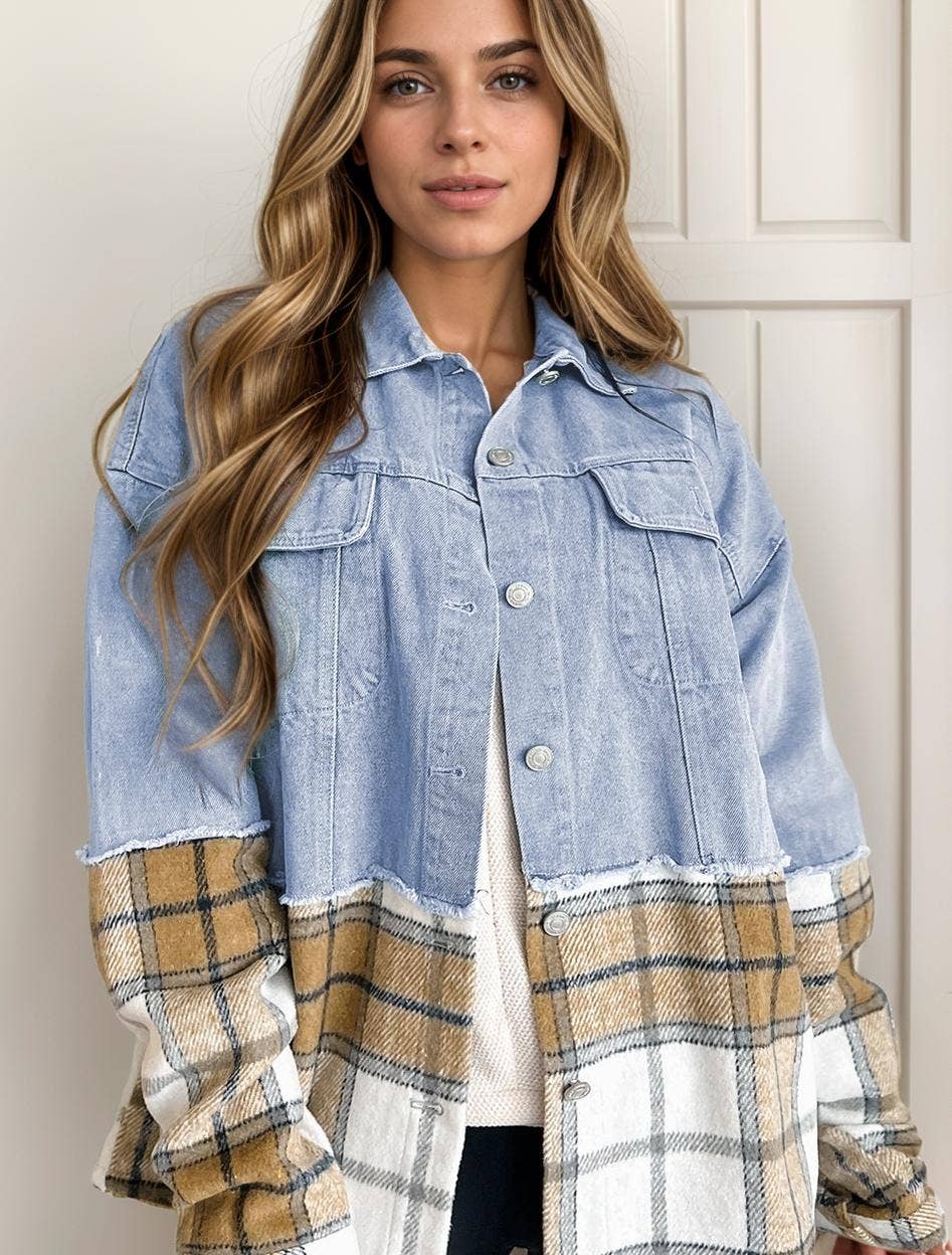 Plaid Patchwork Buttoned Oversized Denim Jacket