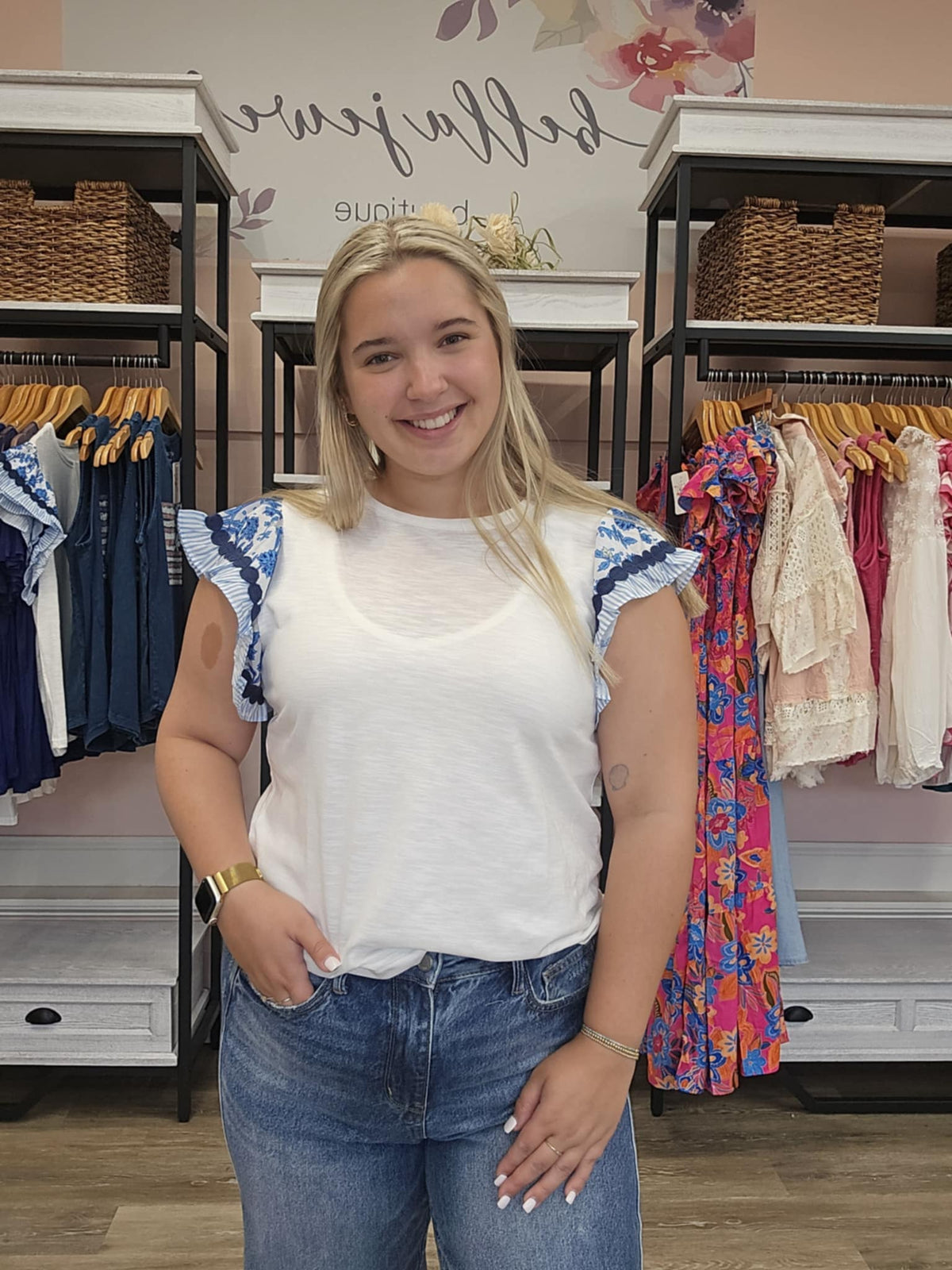 Floral Stripe Ricrac Sleeve Top