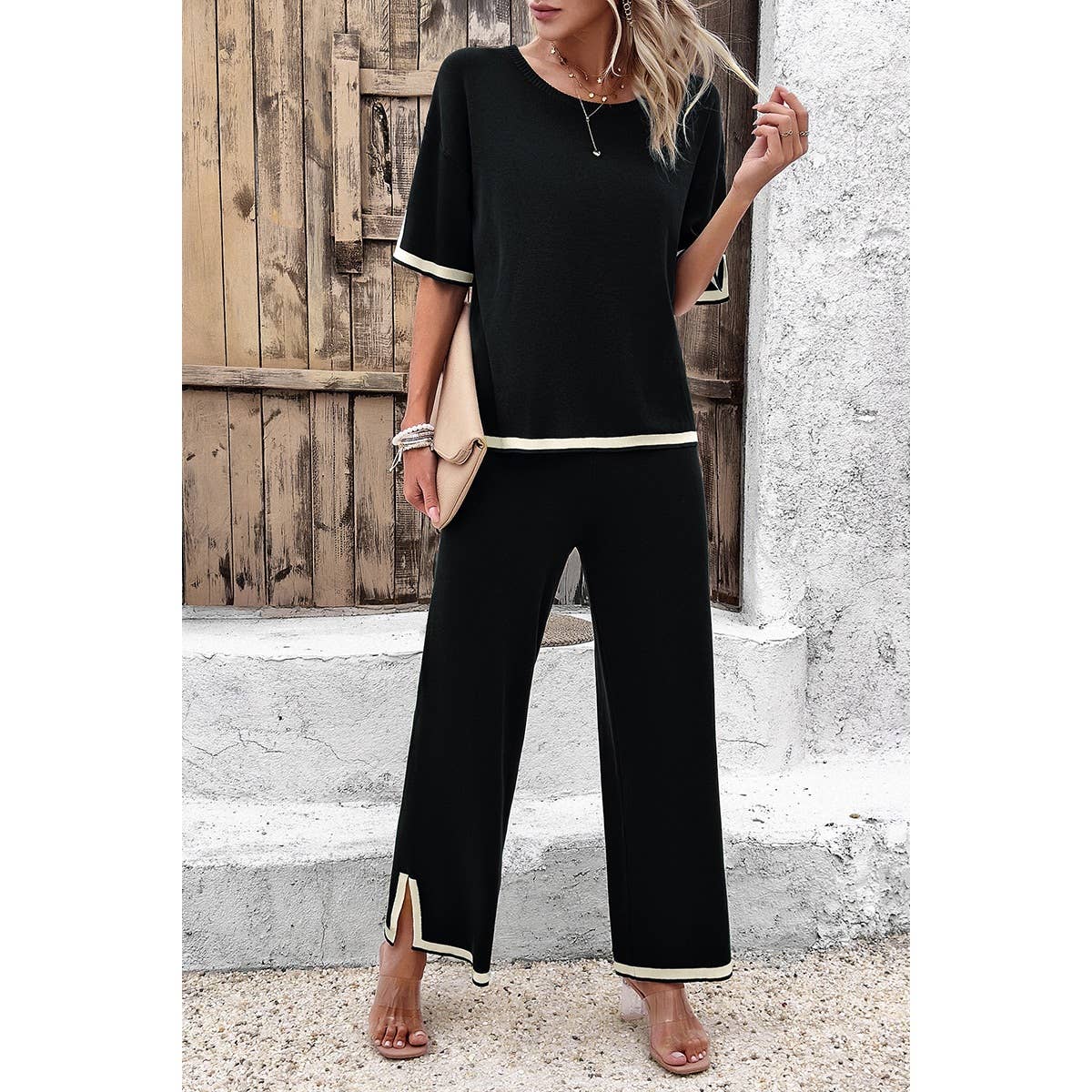Knit Short Sleeve Wide Leg Lounge Set