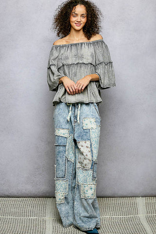 Off Shoulder Bell Sleeves Floral Embroidery Top