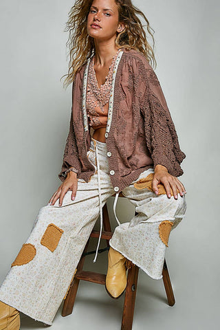Floral Embroidered Contrast Chenille Crochet Cardigan Top