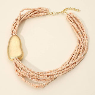Chunky Metal Pebble Accent Multi Strand Beaded Necklace