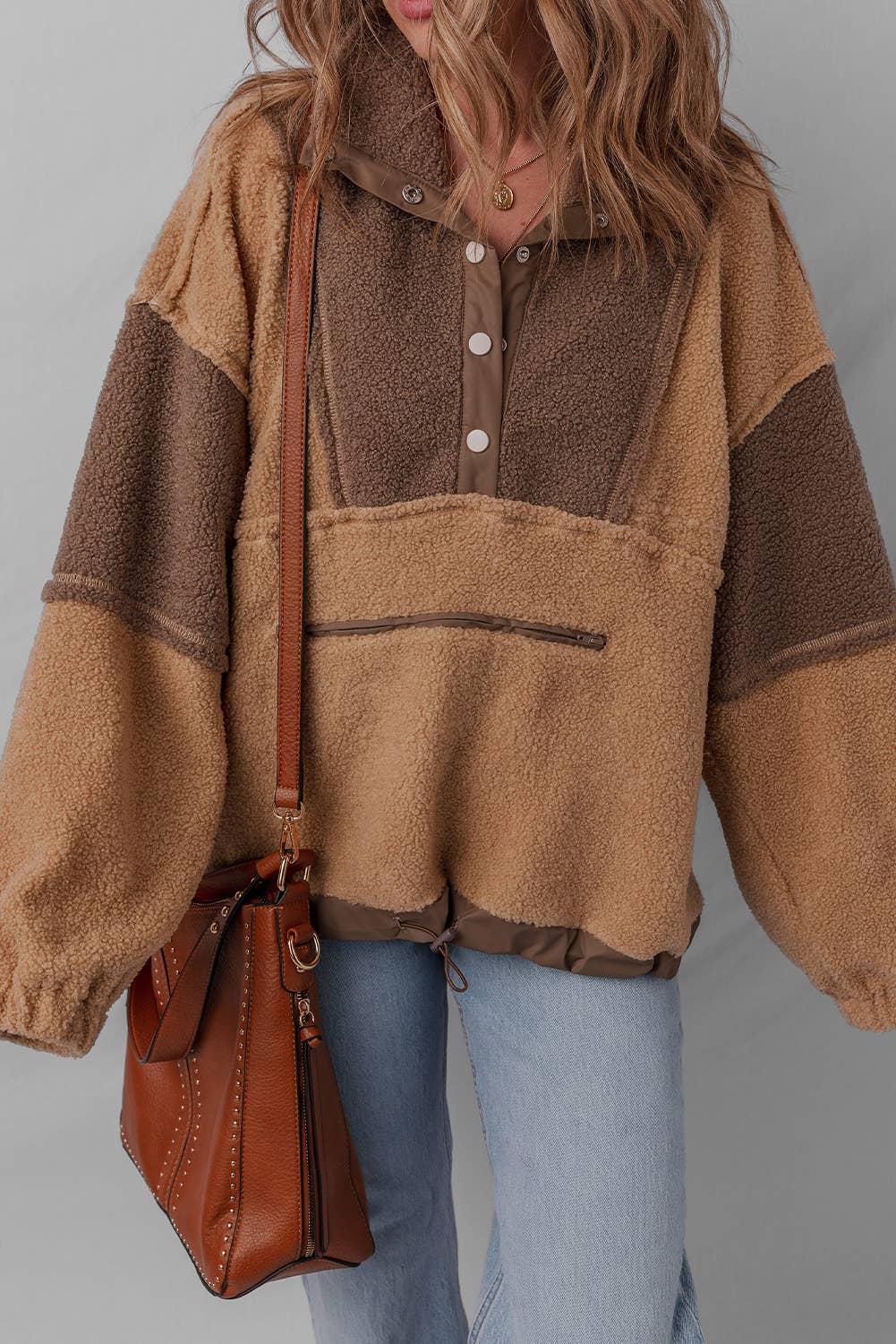 Colorblock Patch Half Button Sherpa Sweatshirt