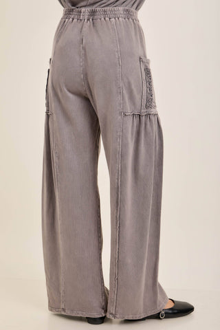 Mineral Washed Boho Trim Patched Pockets Pants