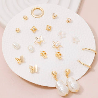 Pearl Floral & Butterfly 10 Pair Stud Earrings Set