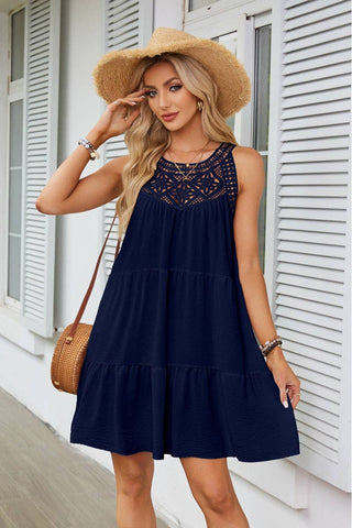 Halter Neck Lace Trim Tiered Dress