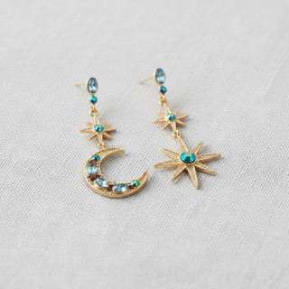 Blue Crystal Star & Moon Drop Earrings