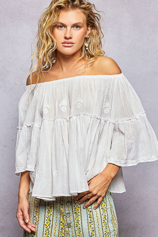 Off Shoulder Bell Sleeves Floral Embroidery Top