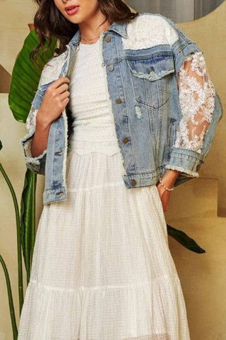 Denim Jacket with Lace Sleeves