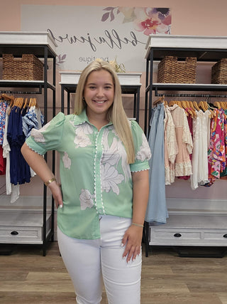 Floral Puff Sleeve Button Up Top