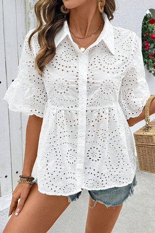 Eyelet Peplum Button-Up Blouse