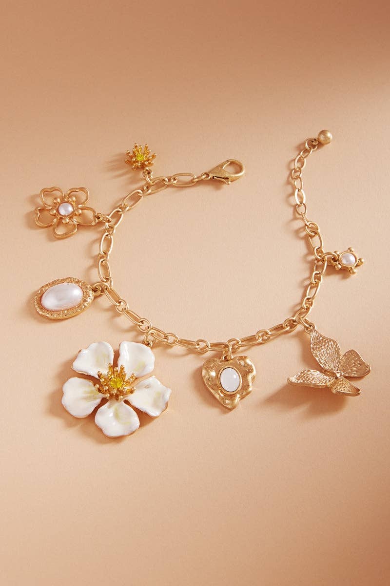 Gold Flower Pearl Charm Bracelet