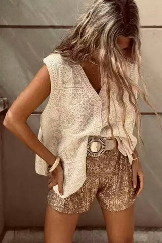 Sleeveless V-Neck Buttoned Crochet Tank