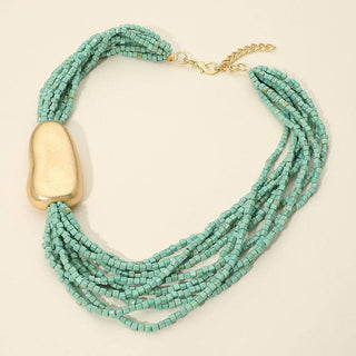 Chunky Metal Pebble Accent Multi Strand Beaded Necklace