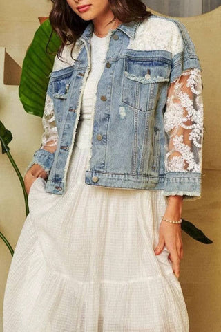 Denim Jacket with Lace Sleeves
