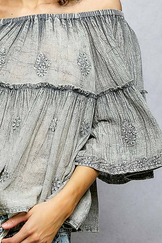 Off Shoulder Bell Sleeves Floral Embroidery Top