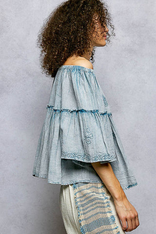 Off Shoulder Bell Sleeves Floral Embroidery Top