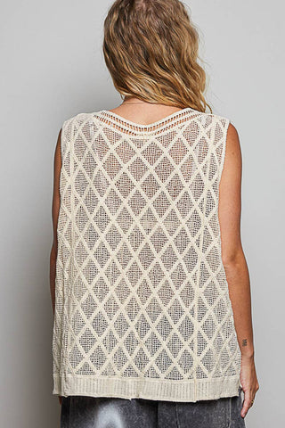 V-neck Diamond Weave Crochet Sleeveless Knit Top