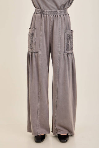 Mineral Washed Boho Trim Patched Pockets Pants