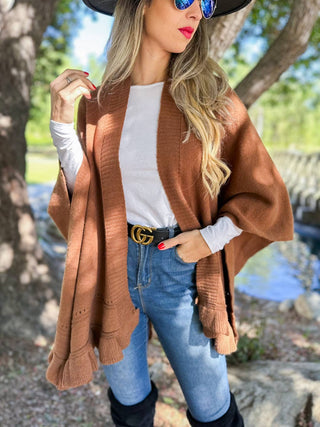 Brown Ruffled Knit Cape Ruana Shawl