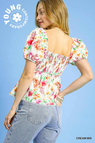 Floral Puff Sleeve Peplum Top