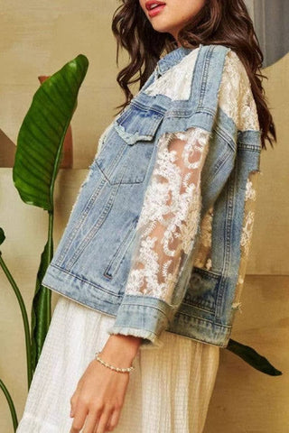 Denim Jacket with Lace Sleeves