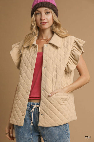 Corduroy Quilted Ruffle Sleeve Vest