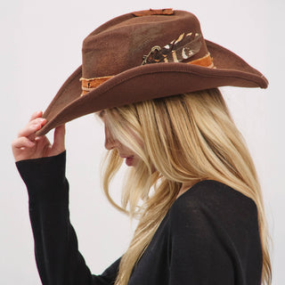 Distressed Band with Feather Cowgirl Fedora Hat