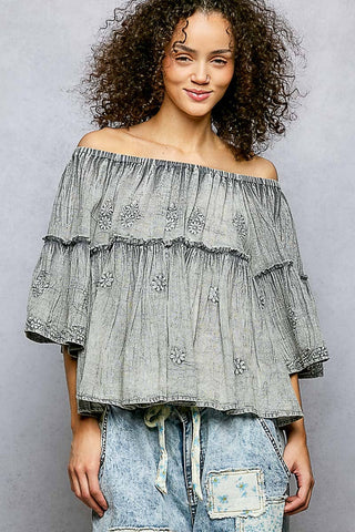Off Shoulder Bell Sleeves Floral Embroidery Top