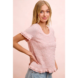 Textured Flower Ruffled Sleeve Top