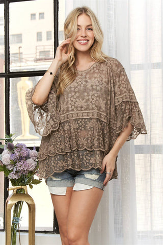 Bell Sleeve Lace Blouse Scallop Edge