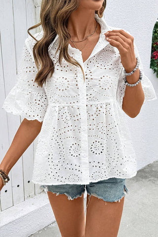 Eyelet Peplum Button-Up Blouse