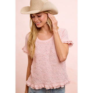Textured Flower Ruffled Sleeve Top