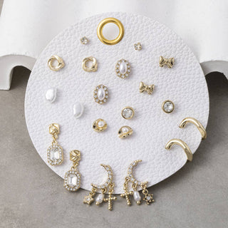Pearl Bow And Moon Stud Earring Set