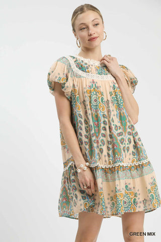 Mix Paisley Babydoll Dress with Lace Trim
