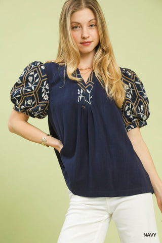Embroidered Puff Sleeve Short Sleeve Top