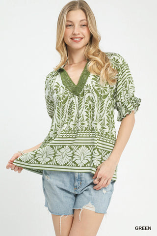 Two Tone Border Print Top