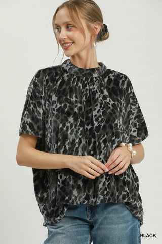 Leopard Print Velvet Mock Neck Poncho Top
