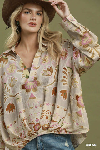 Retro Floral Print Collared Blouse