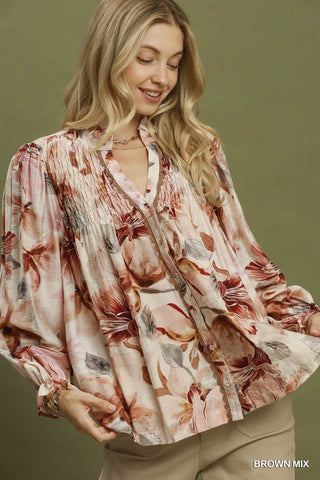Mix Floral Print Smocked Detail Blouse