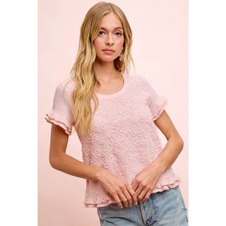 Textured Flower Ruffled Sleeve Top