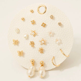 Pearl Floral & Butterfly 10 Pair Stud Earrings Set