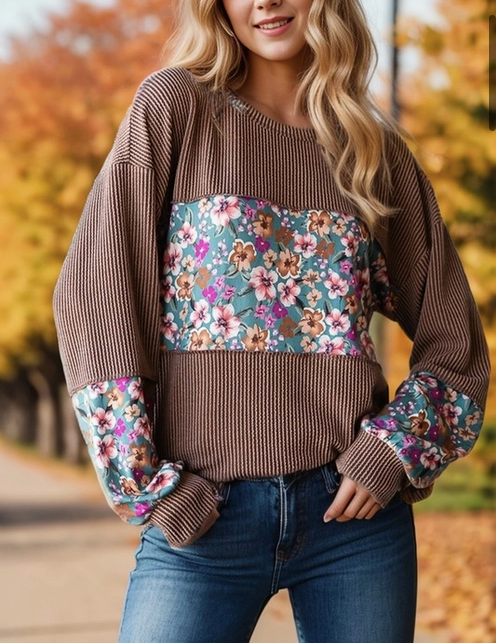 Long Puff Sleeve Solid Urban Ribbed and Floral Top