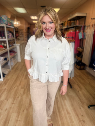 Ruffled Fray Hem 3/4 Sleeve Pocket Denim Shirt Top