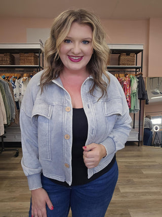 Acid Wash Fleece Front Pocket Cropped Shacket
